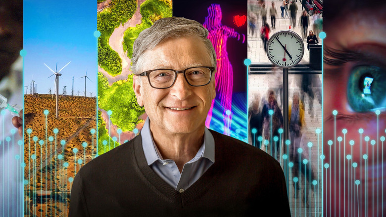 A split-screen shot: on one side, Bill Gates speaks earnestly to the camera; on the other, a chaotic collage of social media posts and conspiracy theory memes
