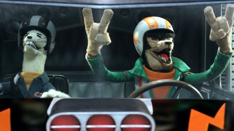 Buddy Thunderstruck and his ferret mechanic mid-race, tires kicking up dust on a dirt track