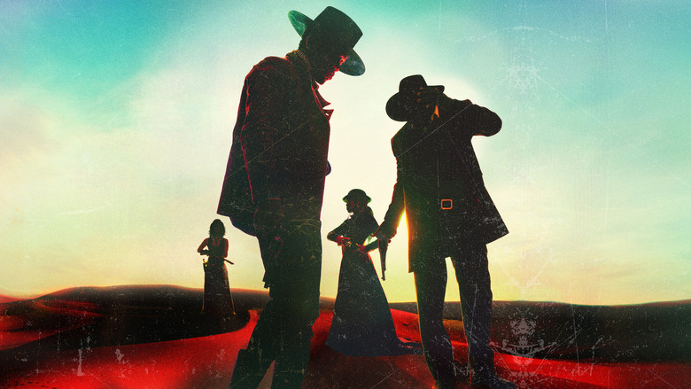 A group of outlaws on horseback, silhouetted against a golden sunset, their figures sharp against the vast Western landscape.