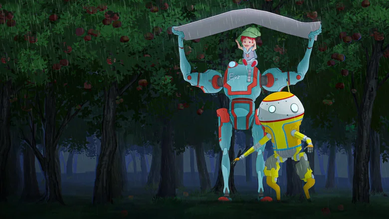 A lone robot cradles a human child in a sunlit field, the city of Eden looming in the distance