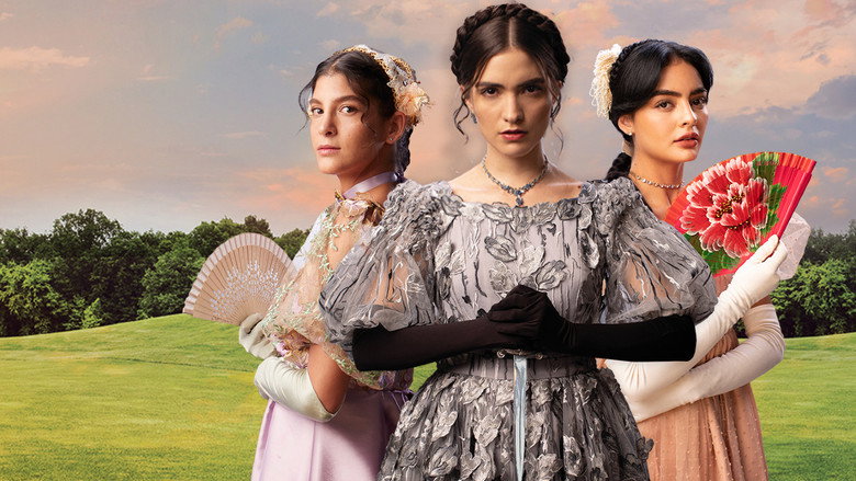 Three women in period dresses stand in a dimly lit room, their faces half-shadowed, tension palpable in their postures.