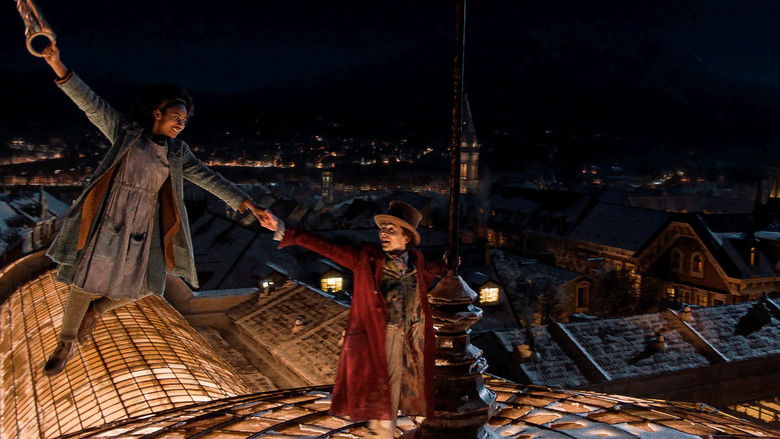 Willy Wonka and Noodle sitting together on a rooftop looking over the city skyline