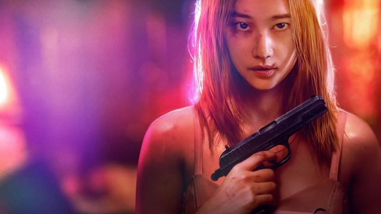 A neon-lit alleyway, rain slick on the pavement, where Jeon Jong-seo’s Ok-ju stands poised with a blade, her posture a mix of grace and menace.