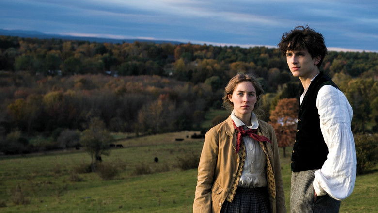 Jo March walking purposefully through the streets of New York, surrounded by the grey, industrial bustle