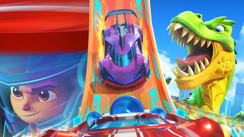 A high-speed scene from Hot Wheels Let's Race: Attack of the T-Rex.