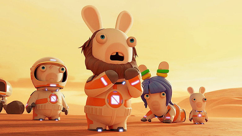 A Rabbid in a spacesuit floats weightless, surrounded by floating carrots and debris, its eyes wide with panic