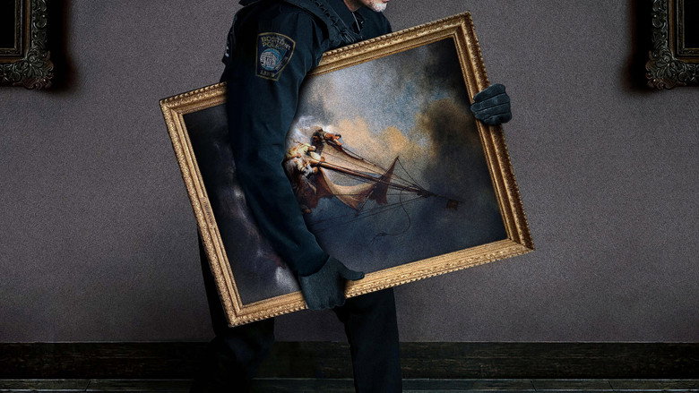 A re-creation of the thieves moving through the Gardner Museum, their faces blurred, the empty frames looming behind them.
