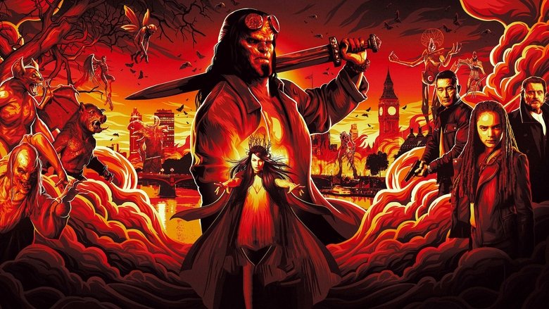 Hellboy and the team stand in a misty forest, weapons drawn, facing an unseen threat