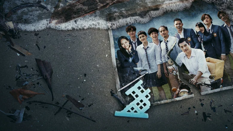 A group of students huddle together on a storm-lashed beach, their faces lit by the eerie glow of a distant fire.