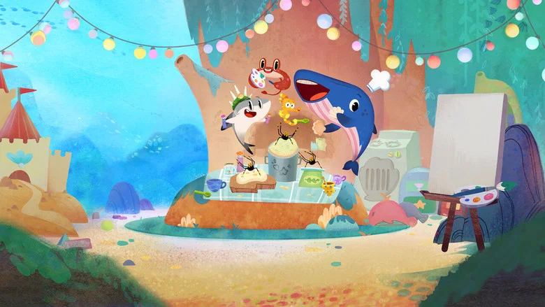 A vibrant underwater scene with pastel coral and a school of fish, suggesting the show's aquatic setting