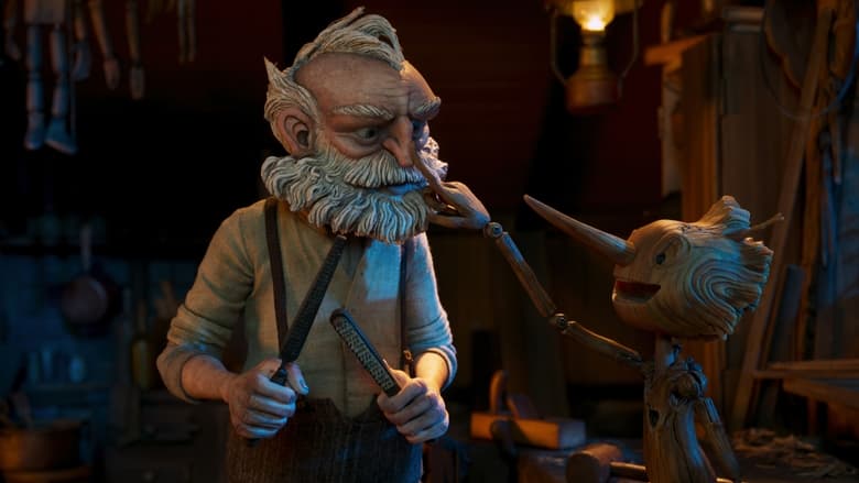 A close-up of Pinocchio’s wooden face, his painted eyes wide with childlike wonder, as Geppetto’s hands cradle his head in a moment of fragile tenderness.