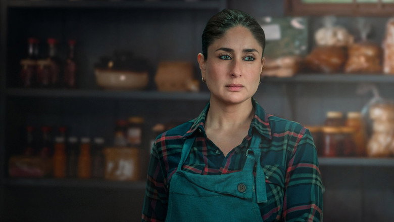 A dimly lit kitchen at night, where Kareena Kapoor Khan’s character stands frozen, her reflection fractured in a shattered mirror, the weight of a decision pressing down on her.