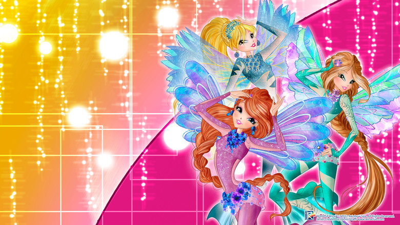 The Winx fairies in their urban, contemporary outfits, standing under a neon-lit bridge in Gardenia, their expressions a mix of determination and unease.