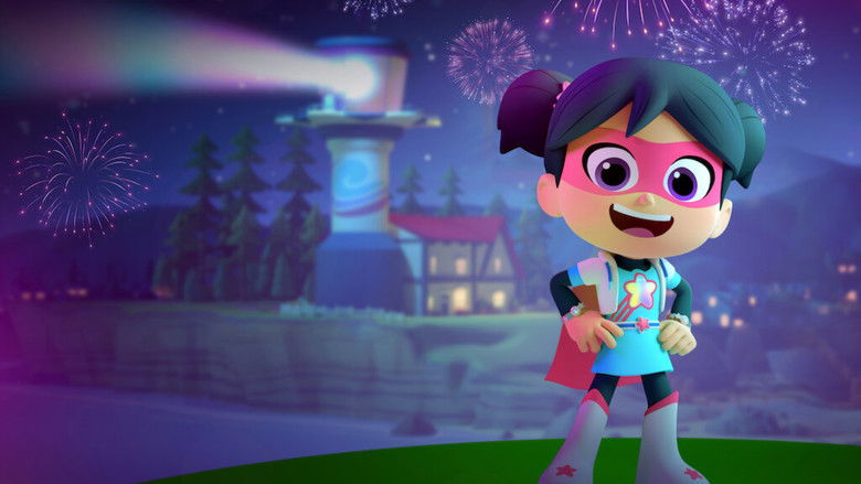 A still from *StarBeam: Beaming in the New Year* showing Zoey and the Beam Team mid-battle, their colorful powers clashing against a dark, starry backdrop.