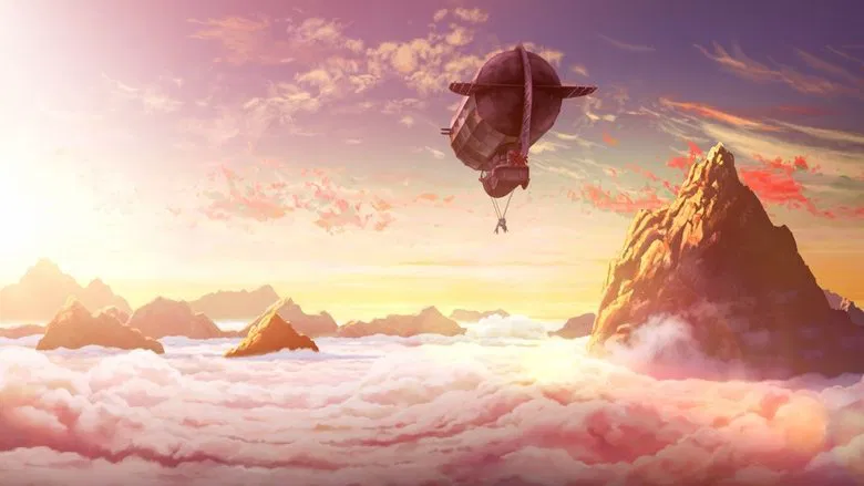 The Quin Zaza crew hunts a skywhale, its bioluminescent body glowing against the stormy clouds