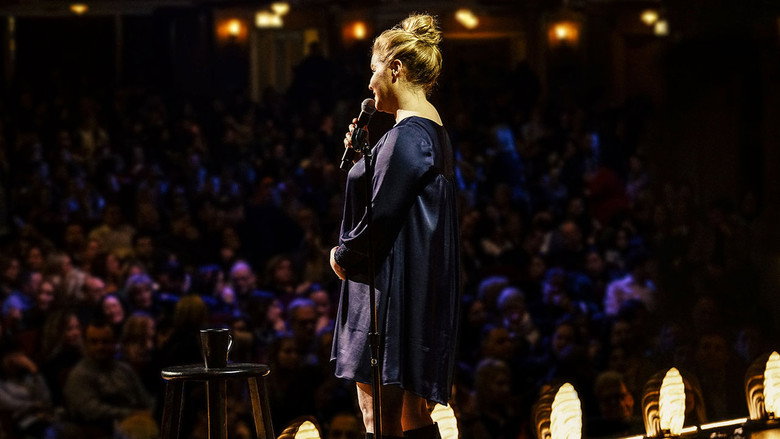 Amy Schumer on stage, mid-performance, her pregnant belly visible under a fitted dress