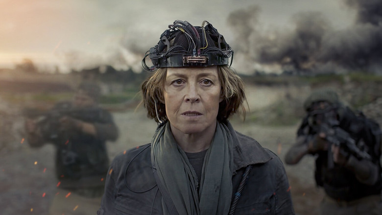 A figure in a hazmat suit stands in a desolate, fog-choked landscape, the sky a sickly yellow-green