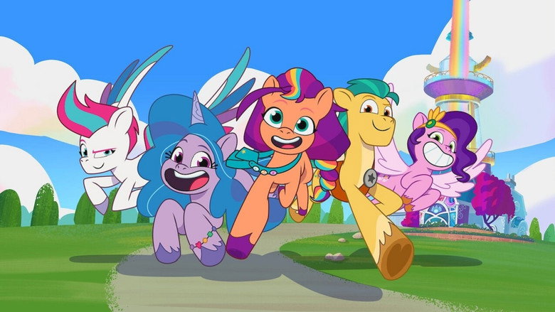 The Mane 5 lounging on a rooftop at sunset, Maretime Bay sprawling behind them in soft pastels