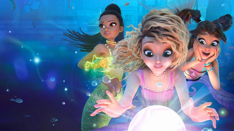 Three mermaids swim through a coral reef, their tails shimmering in the filtered sunlight
