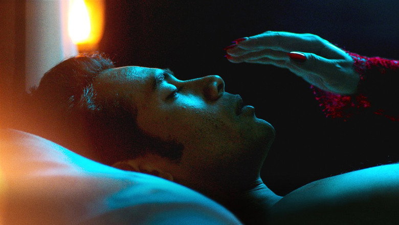 A dimly lit bedroom, the Pontianak's silhouette looming over a sleeping couple, her long hair cascading like a shroud.