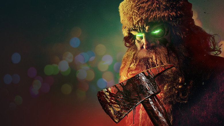 A robotic Santa Claus wielding an axe, its glowing red eyes locked onto the camera in a dimly lit toy store.
