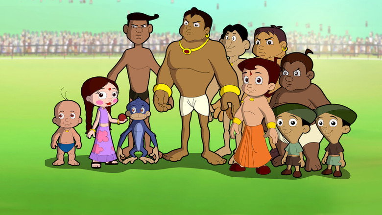 A still from the film showing Bheem and his friends standing before a glowing alien spaceship, the kingdom of Dholakpur visible in the background.
