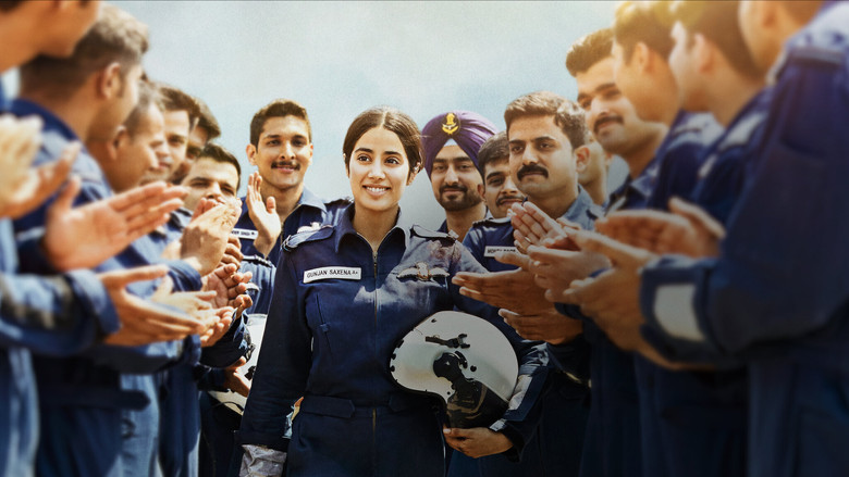 A young Gunjan Saxena in her flight suit, staring at a helicopter on the tarmac, the Himalayas looming in the background