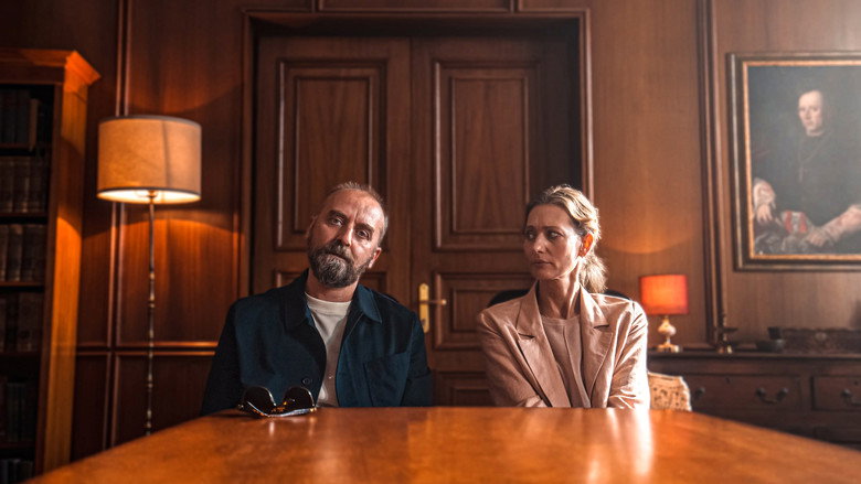 A dimly lit ecclesiastical office, where Małgosia and Jacek sit across from a stern-faced priest, their expressions a mix of exhaustion and barely contained frustration.
