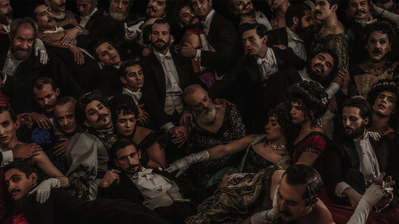 A dimly lit ballroom, men in suits and gowns dancing closely, their faces half-hidden in shadow