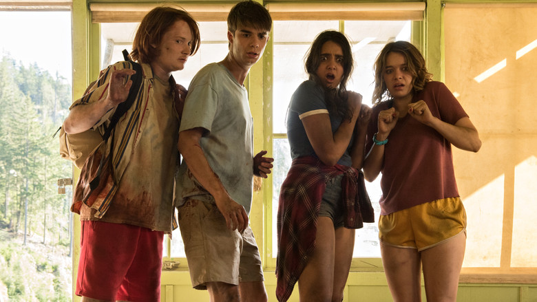 The characters in a car, looking panicked and stressed while on their journey