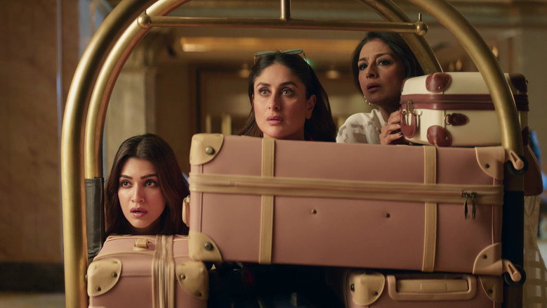 Three women in airline uniforms huddle together in a dimly lit airport corridor, their expressions a mix of determination and barely concealed panic.