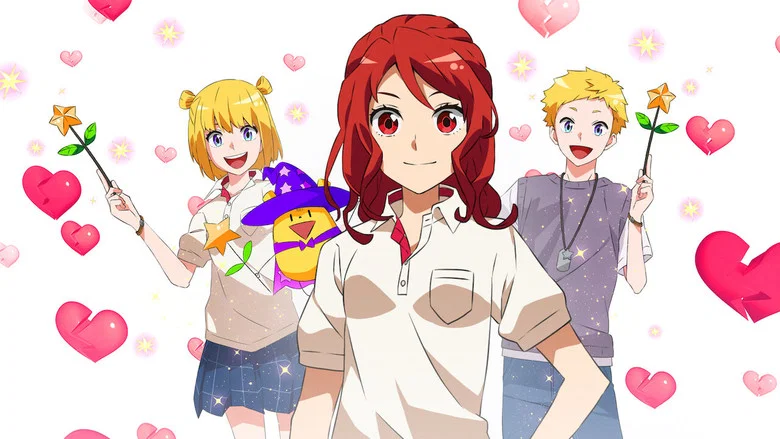 Anzu shoving a chocolate bar into Tsukasa’s mouth, his eyes wide with shock while she looks utterly unimpressed