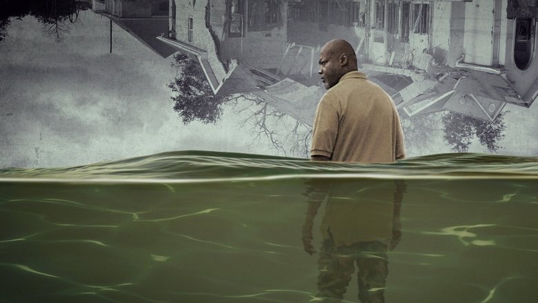 A flooded New Orleans street, water up to the rooftops, a single figure waving from a porch