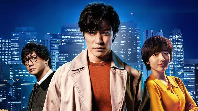 Ryo Saeba in a neon-lit alley, his smirk half-hidden in shadow as he scans the rooftops.
