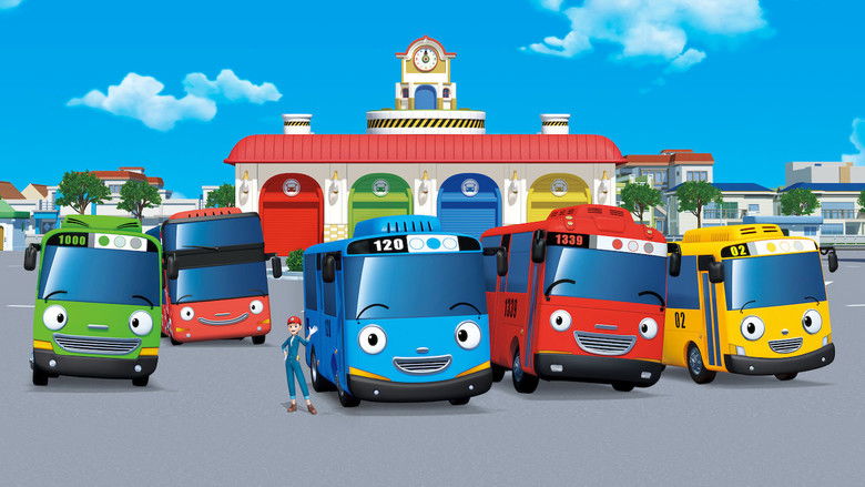 A still from *Tayo the Little Bus*, showing Tayo and his friends parked in a sunny, pastel-colored cityscape, their headlights gleaming like eyes.