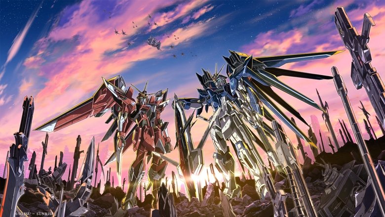 Kira and Lacus standing together in a field of flowers, their mobile suits looming in the background