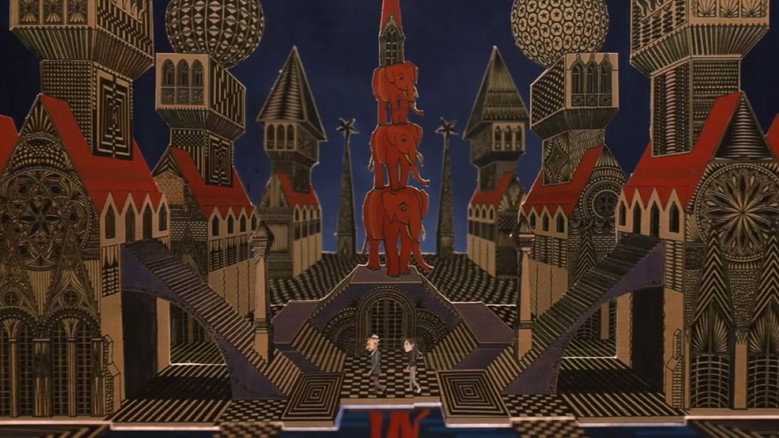 A surrealist interior, walls lined with intricate patterns and a hand-shaped chair at the center