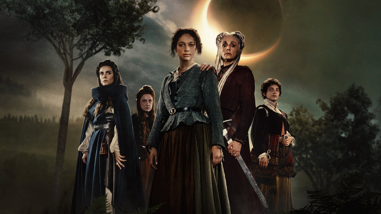 Ade and her coven stand in a moonlit forest, their faces half-lit by flickering torchlight, the trees twisted into eerie silhouettes.
