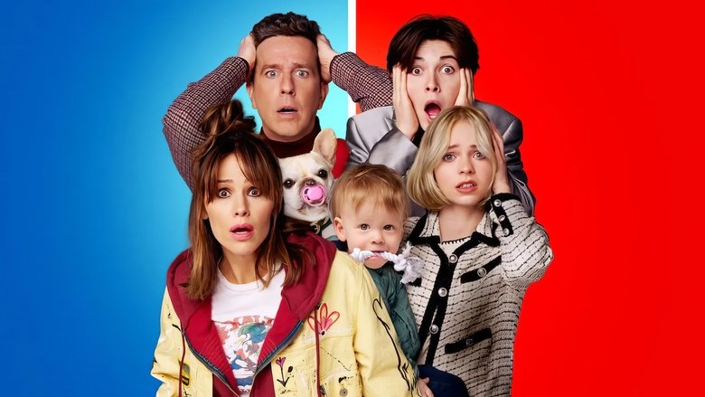 A chaotic family dinner scene, with each member struggling to act like someone else, their expressions a mix of confusion and comedic frustration.