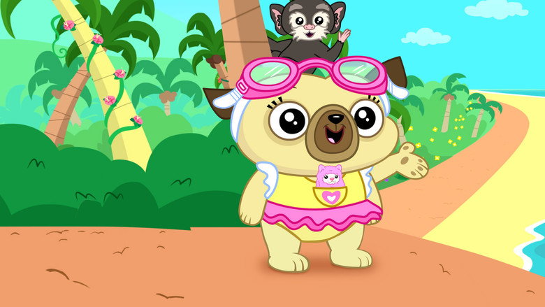 A cozy beachside cabin at dusk, with Chip the pug peeking out the window, her ears perked up at the sound of rustling palm trees.