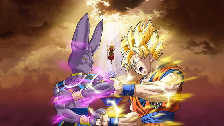 Goku and Beerus facing off, the air crackling with divine energy