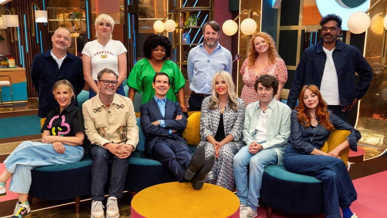 A split-screen shot showing two comedians staring intensely at each other, one fighting the urge to smile