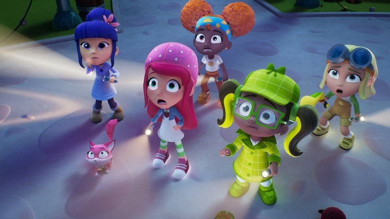 Strawberry Shortcake and her friends huddle together in the misty Berry Bog, their pastel outfits standing out against the eerie greens and purples of the swamp.
