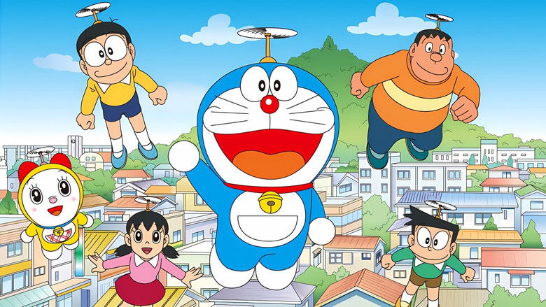 Doraemon sitting next to a worried Nobita in his bedroom