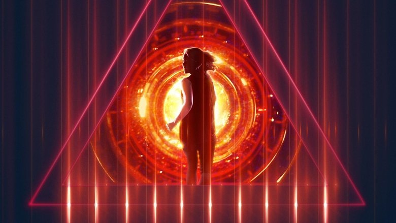 A woman in a white jumpsuit presses her hand against a glowing blue panel, the AI's red eye watching from the ceiling.