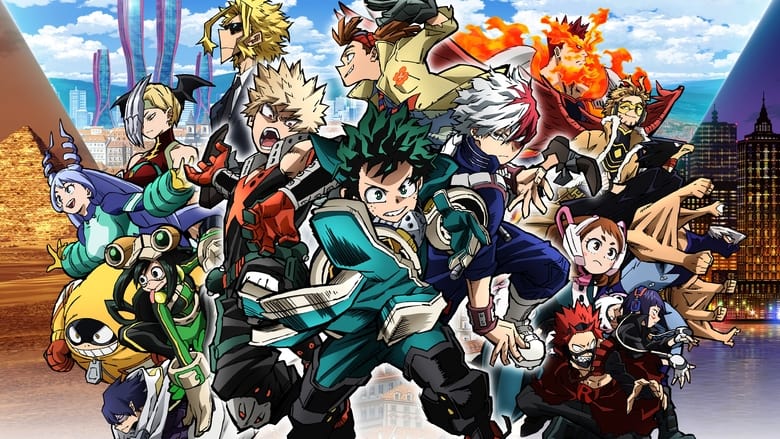 A sprawling cityscape under siege, buildings crumbling as heroes and villains clash in a storm of energy and debris