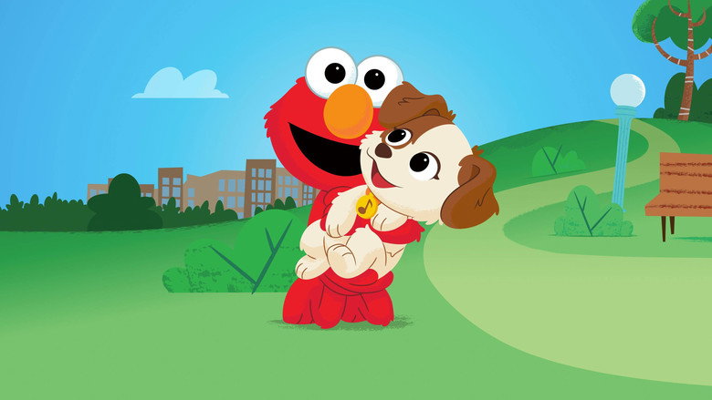 Elmo and Tango sitting together on Sesame Street, the puppy's ears perked up as Elmo speaks to her with gentle animation.