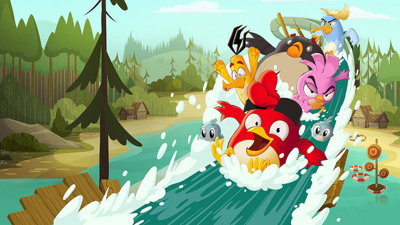 A chaotic, sunlit scene of Camp Splinterwood, where birds of all shapes and sizes are mid-mayhem—some flying, some tumbling, all laughing