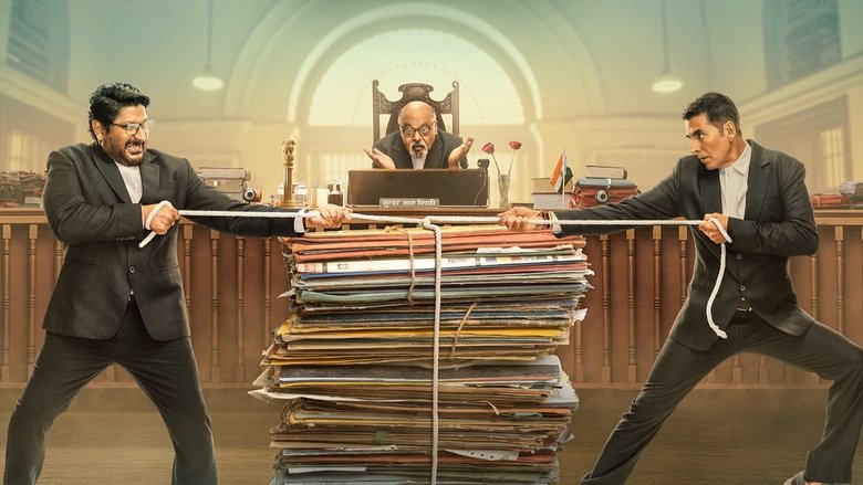 The two Jollys—Akshay Kumar and Arshad Warsi—face off in a chaotic courtroom, papers flying like confetti