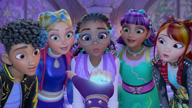 The students of Unicorn Academy facing an ominous, swirling storm of dark magic above the island